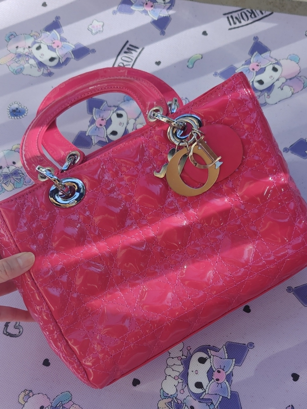 Designer-Style Hot Pink Patent Quilted Shoulder Bag with Silver-Tone Charm